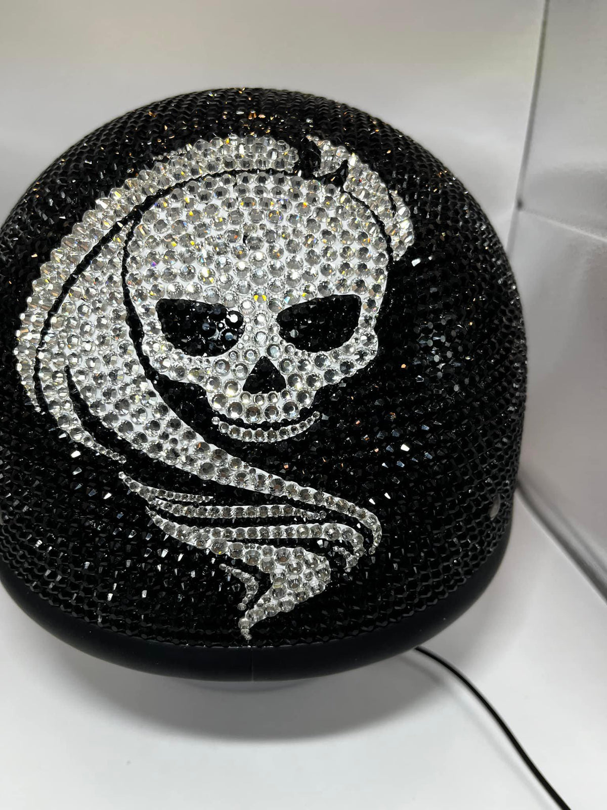 Custom Bling Black Rhinestones DOT Approved Motorcycle Half Helmet with Clear Crystal Personalized Designs S,M,L,XL Biker Babe Girl Skull